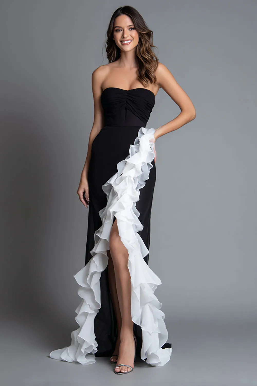 Black and White Strapless Ruffled Long Formal Dress with Slit sold by Zapaka