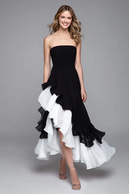 Black and White A Line Ruffled Strapless Long Formal Dress with Slit sold by Zapaka