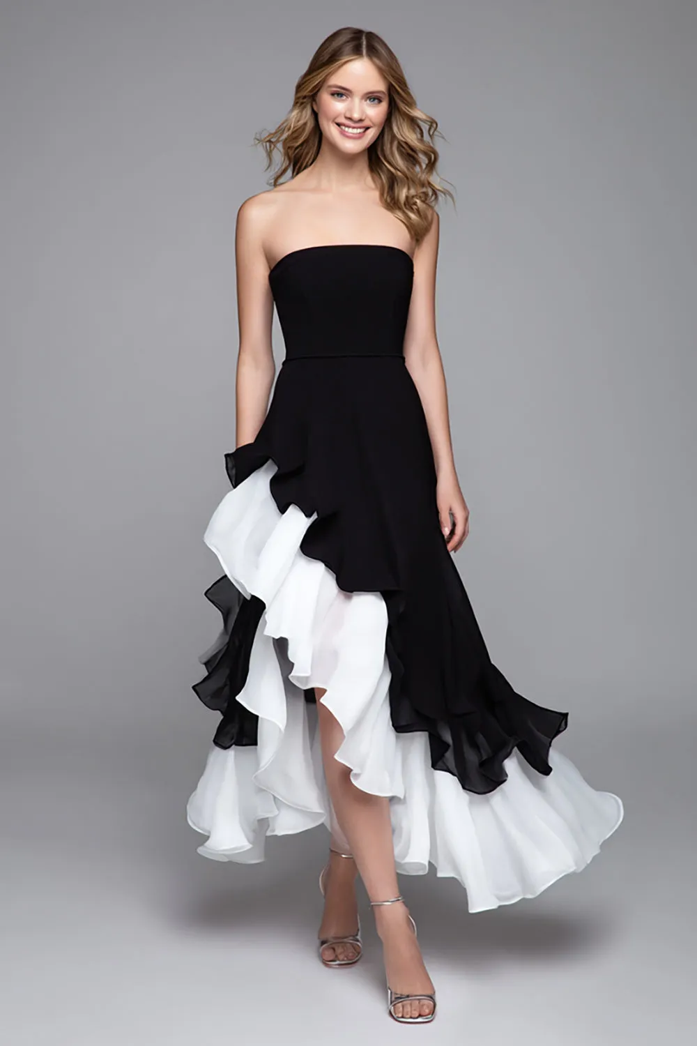 Black and White A Line Ruffled Strapless Long Formal Dress with Slit sold by Zapaka