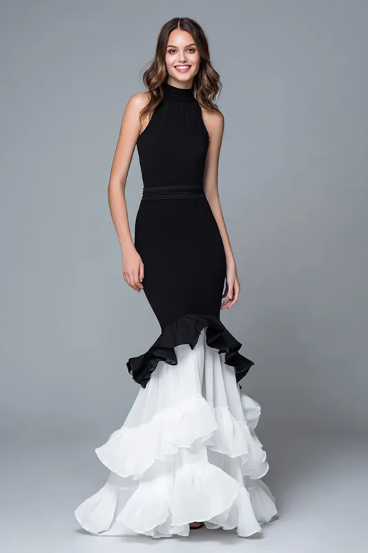 Black and White Mermaid High Neck Long Formal Dress with Ruffles sold by Zapaka