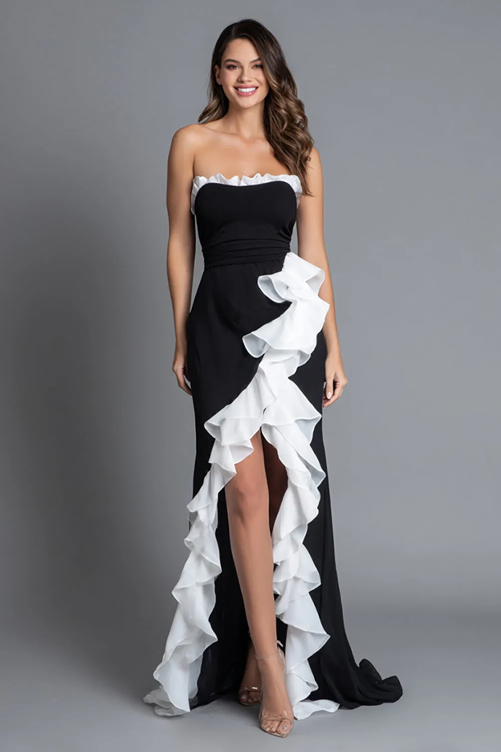 Black and White Strapless A Line Long Formal Dress with Slit sold by Zapaka