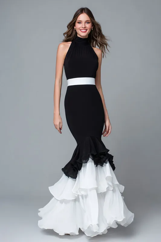 Black and White High Neck Ruffled Mermaid Long Formal Dress sold by Zapaka
