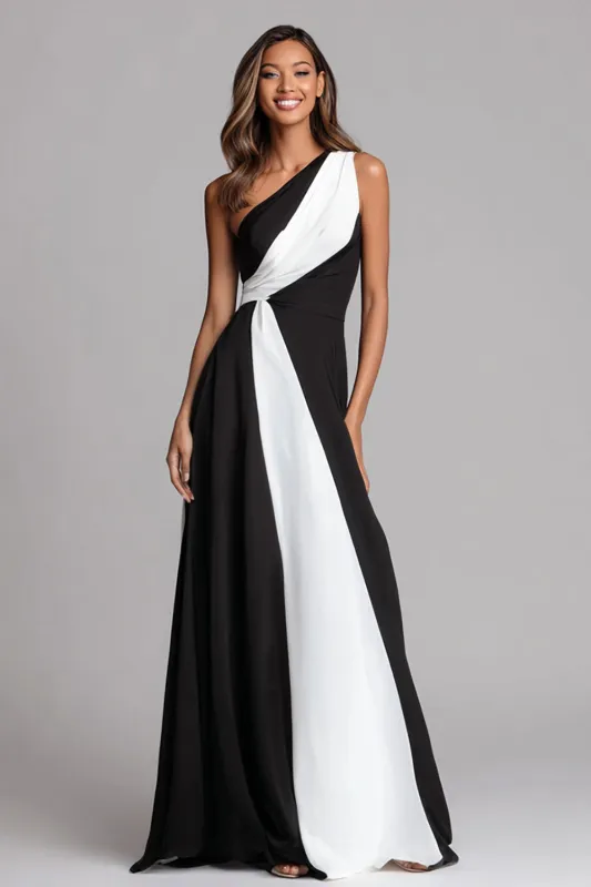 Black and White A Line One Shoulder Long Formal Dress sold by Zapaka