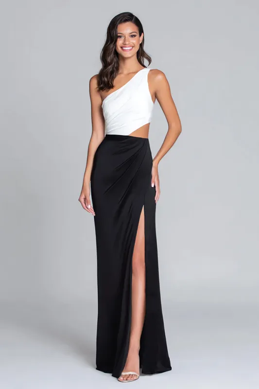 Cut Out Black and White One Shoulder Sheath Long Formal Dress with Slit sold by Zapaka