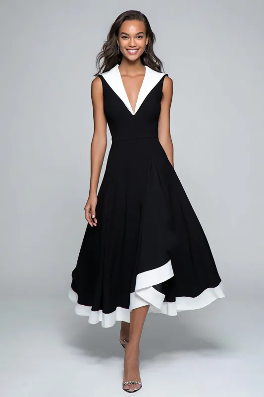 Black and White A Line V Neck Midi Formal Dress sold by Zapaka