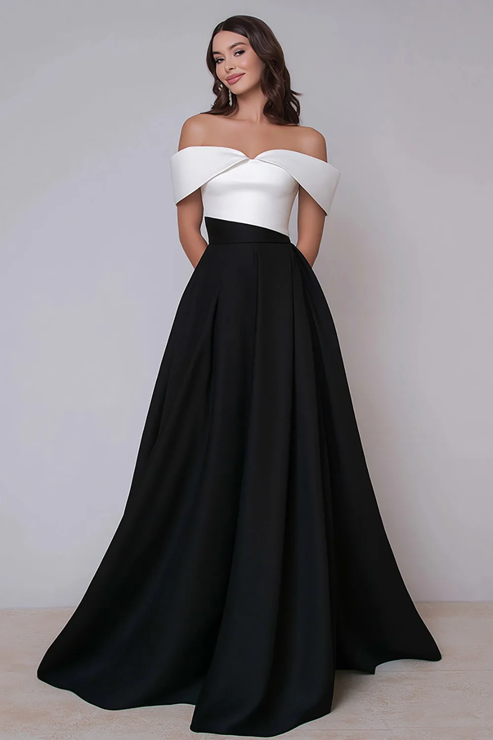 Off the Shoulder Black and White A Line Long Formal Dress sold by Zapaka