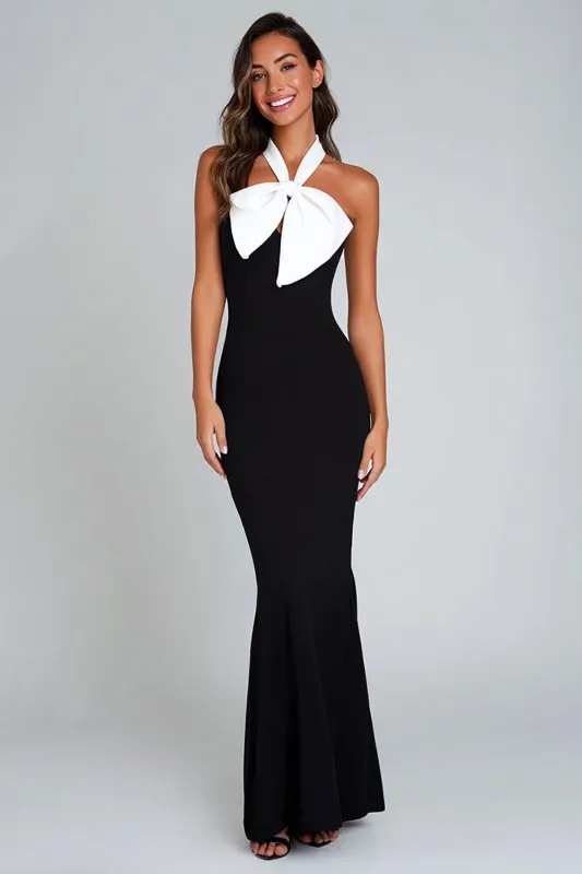 Black and White Sheath Halter Long Formal Dress with Bow sold by Zapaka