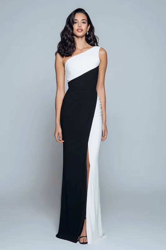 One Shoulder Sheath Long Black and White Formal Dress sold by Zapaka