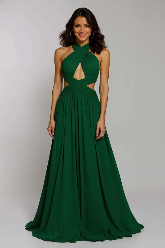 Dark Green Halter A Line Open Back Long Formal Dress sold by Zapaka