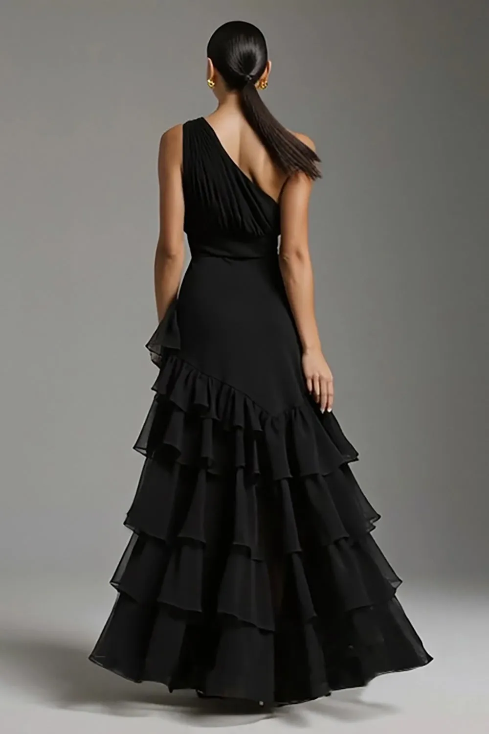 Black A Line Tiered One Shoulder Maxi Formal Dress with Slit sold by Zapaka product image thumbnail 2