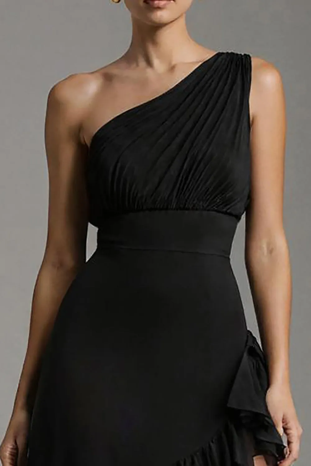 Black A Line Tiered One Shoulder Maxi Formal Dress with Slit sold by Zapaka product image thumbnail 3