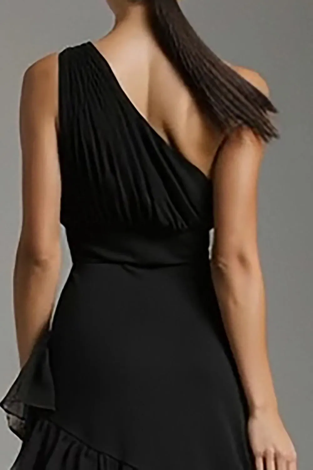 Black A Line Tiered One Shoulder Maxi Formal Dress with Slit sold by Zapaka product image thumbnail 4
