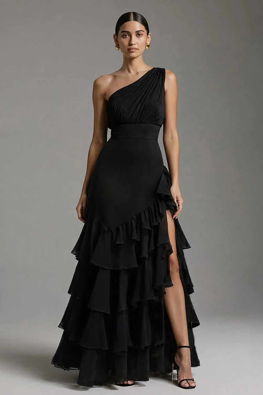 Black A Line Tiered One Shoulder Maxi Formal Dress with Slit sold by Zapaka