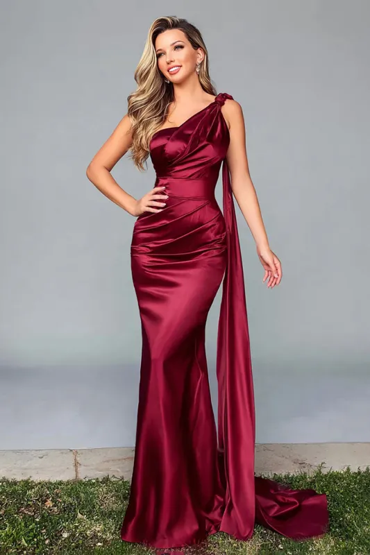 Burgundy Mermaid Ruched One Shoulder Long Formal Dress with Cape sold by Zapaka