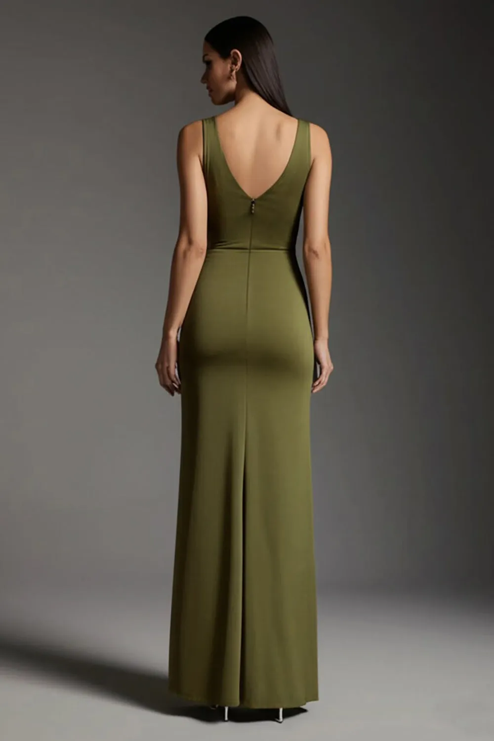 Olive Sheath V-Neck Maxi Formal Dress with Slit sold by Zapaka product image thumbnail 2