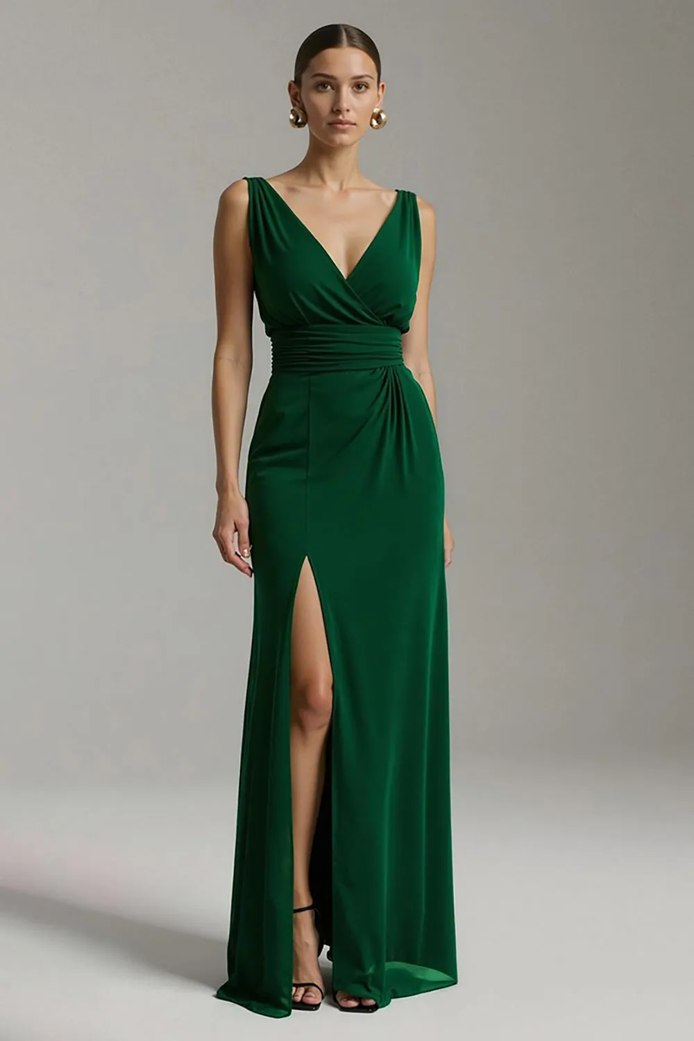 Dark Green V-Neck Sheath Long Formal Dress with Slit sold by Zapaka