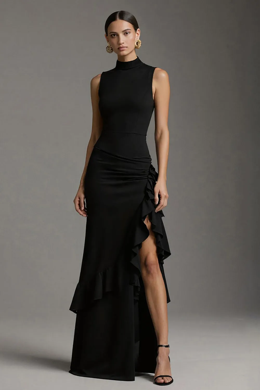 Black Mermaid High Neck Ruffle Maxi Formal Dress with Slit sold by Zapaka