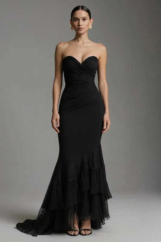 Black Sweetheart Mermaid Sweep Train Long Formal Dress with Ruffles sold by Zapaka