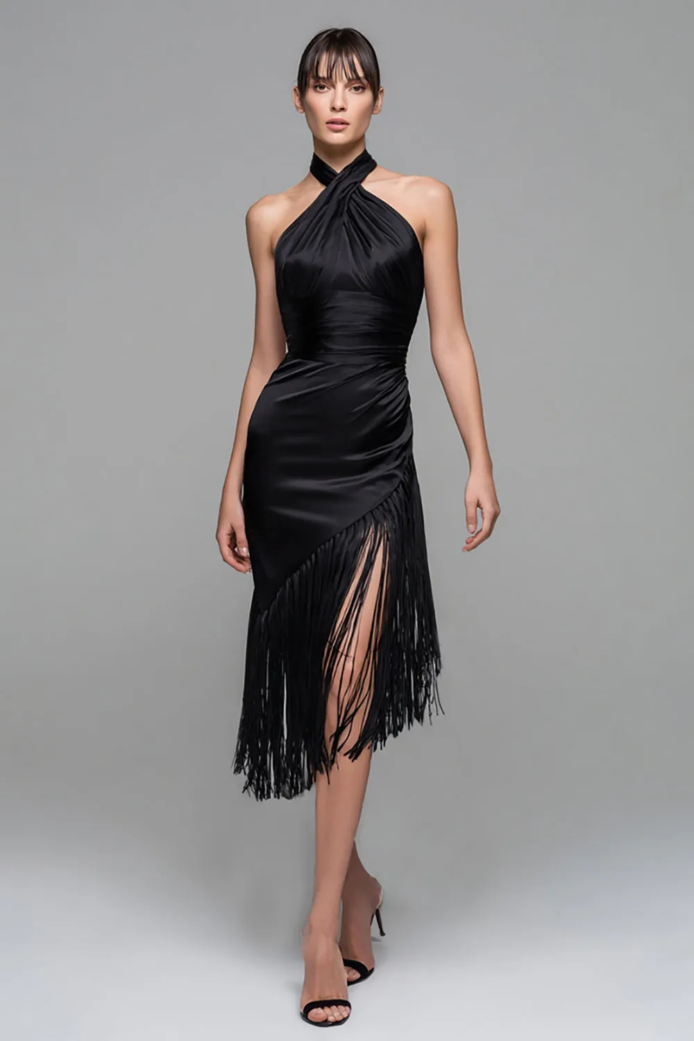 Black Halter Sheath Midi Formal Dress with Fringes sold by Zapaka