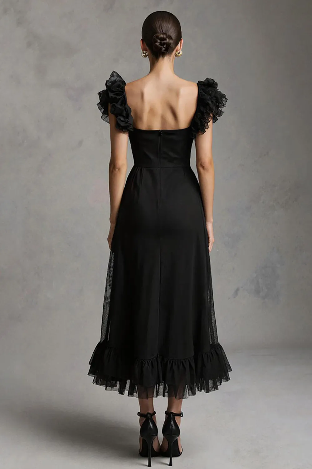 Black A Line Square Neck Maxi Formal Dress with Ruffles sold by Zapaka product image thumbnail 2