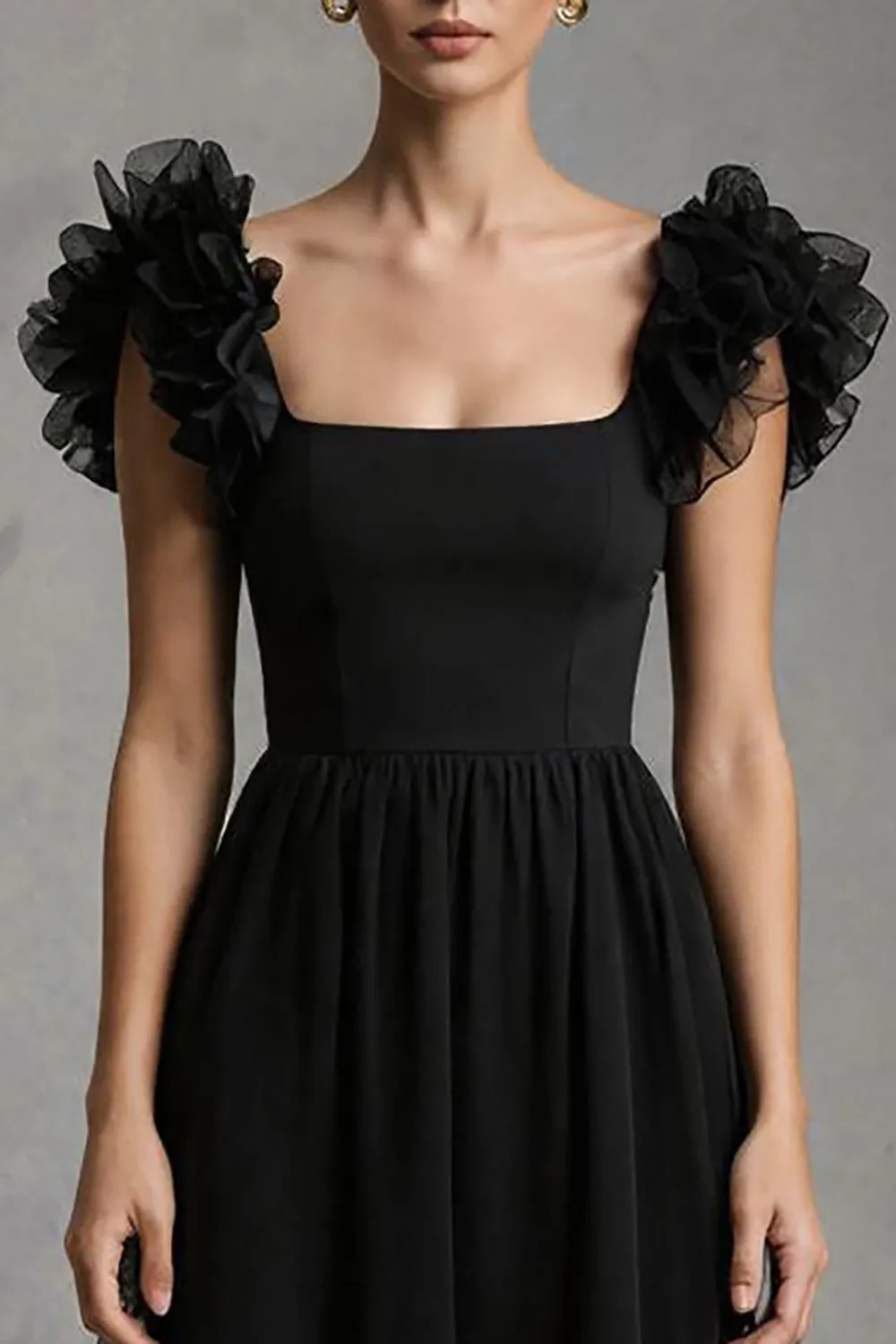 Black A Line Square Neck Maxi Formal Dress with Ruffles sold by Zapaka product image thumbnail 3
