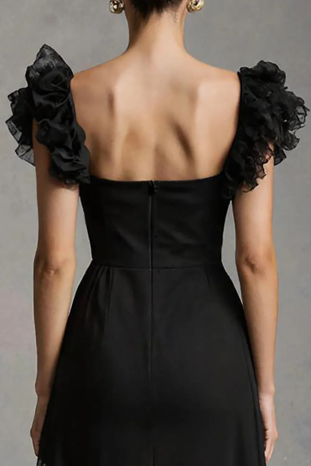 Black A Line Square Neck Maxi Formal Dress with Ruffles sold by Zapaka product image thumbnail 4