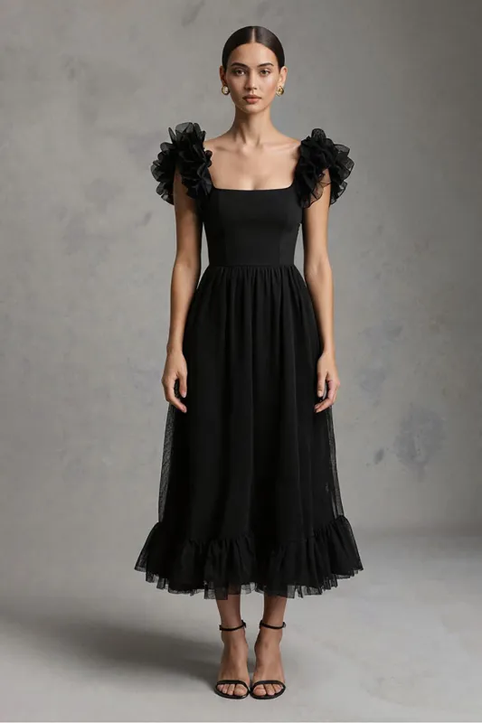 Black A Line Square Neck Maxi Formal Dress with Ruffles sold by Zapaka