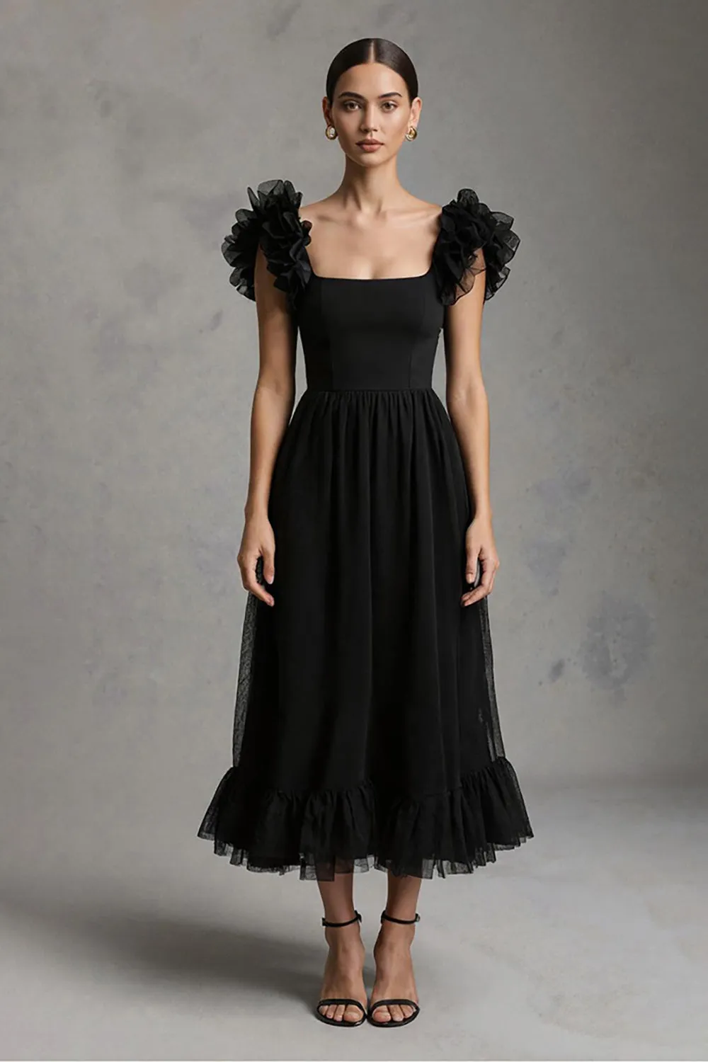 Black A Line Square Neck Maxi Formal Dress with Ruffles sold by Zapaka