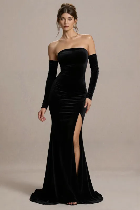 Black Velvet Strapless Mermaid Long Formal Dress with Slit sold by Zapaka
