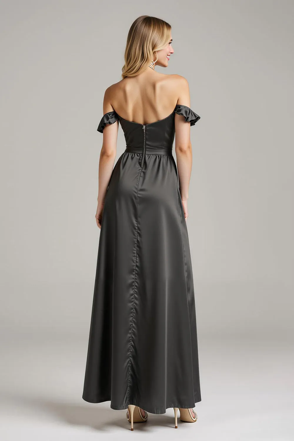 Black Satin Off The Shoulder Long Formal Dress with Ruffles sold by Zapaka product image thumbnail 2