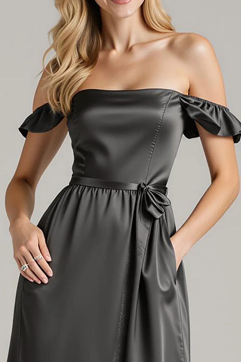 Black Satin Off The Shoulder Long Formal Dress with Ruffles sold by Zapaka product image thumbnail 3