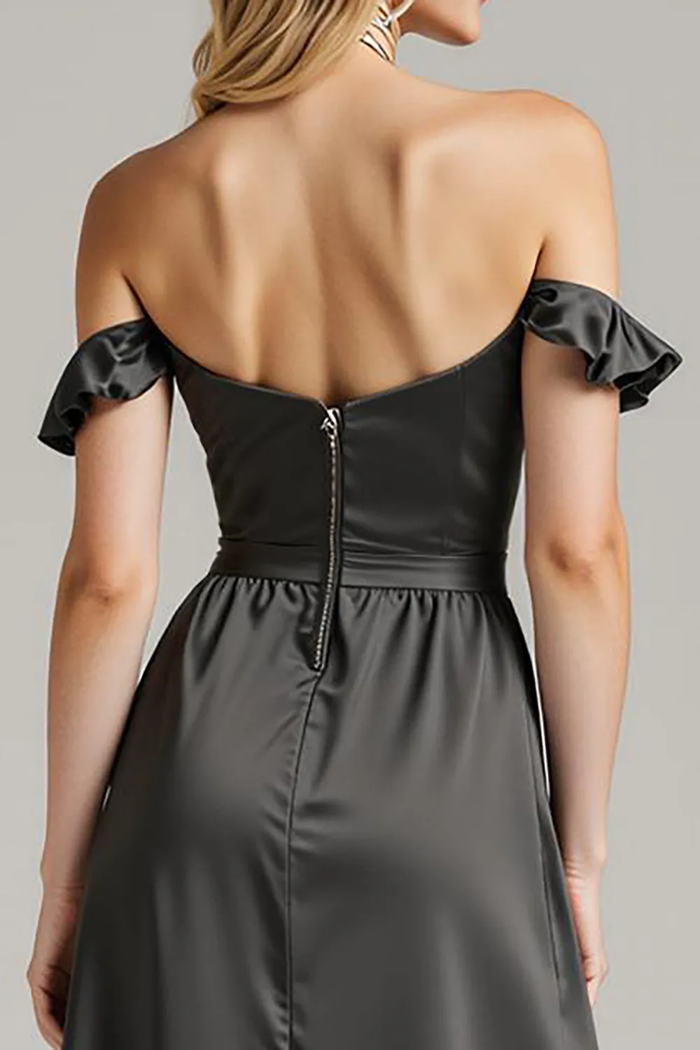 Black Satin Off The Shoulder Long Formal Dress with Ruffles sold by Zapaka product image thumbnail 4