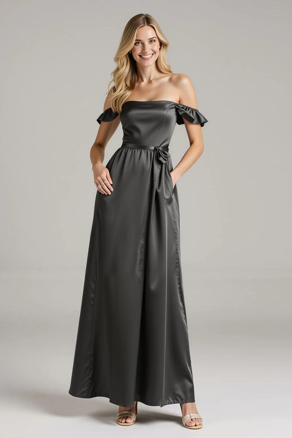 Black Satin Off The Shoulder Long Formal Dress with Ruffles sold by Zapaka