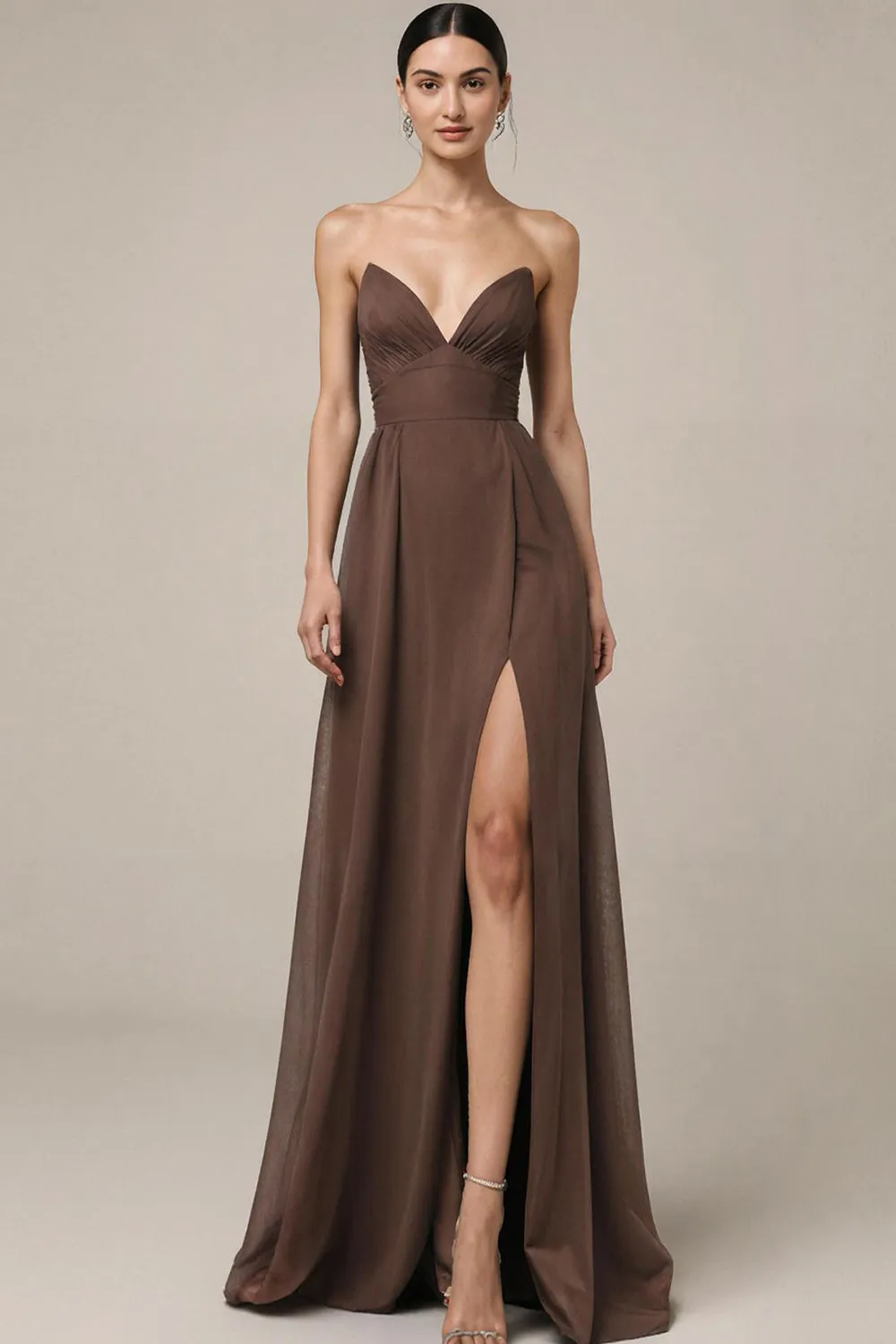 Brown Satin Sweetheart Long Formal Dress with Slit sold by Zapaka