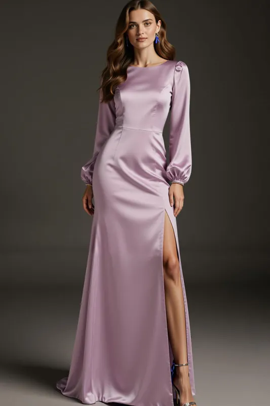 Light Purple Satin Mermaid Long Sleeves Formal Dress with Slit sold by Zapaka