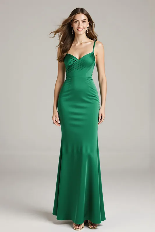 Green Satin Mermaid Spaghetti Straps Long Formal Dress sold by Zapaka