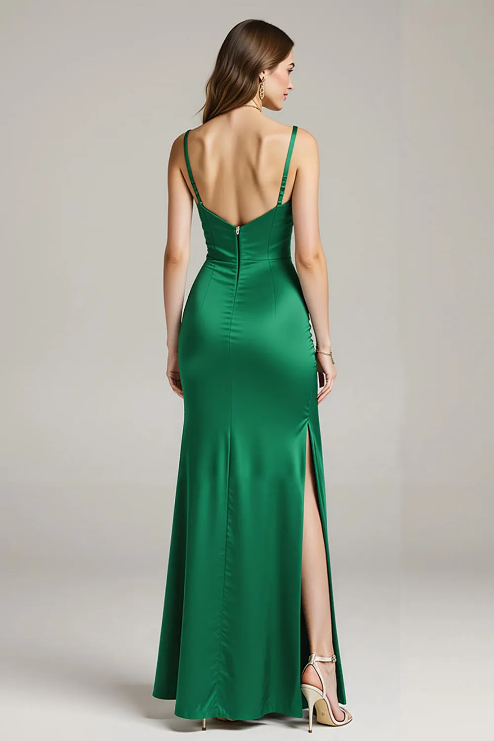 Green Satin Mermaid Spaghetti Straps Long Formal Dress sold by Zapaka product image thumbnail 2