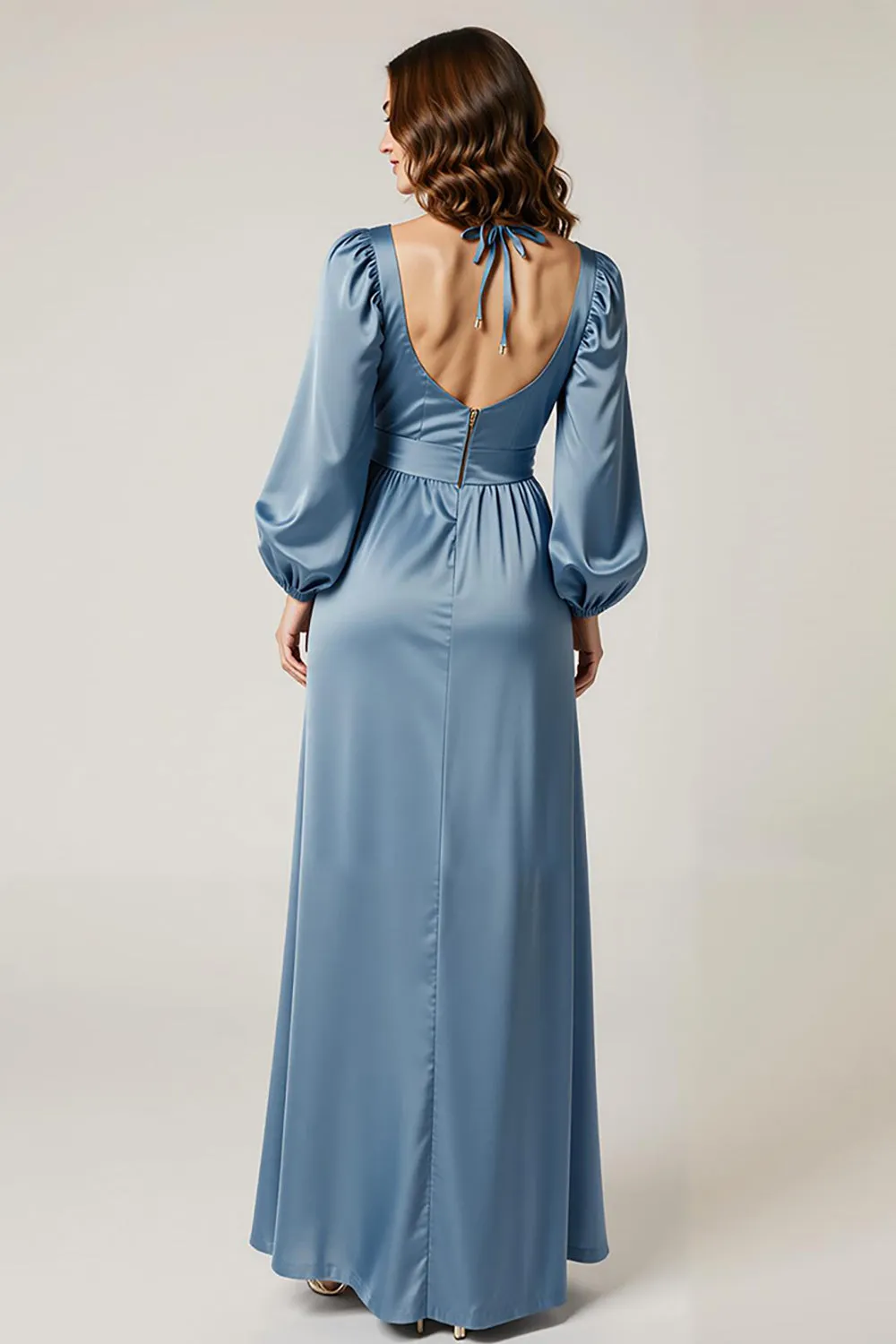 Lake Blue Satin Sheath Ruffle Long Sleeves Formal Dress with Slit sold by Zapaka product image thumbnail 2