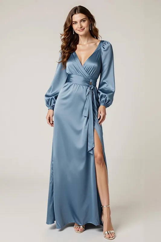 Lake Blue Satin Sheath Ruffle Long Sleeves Formal Dress with Slit sold by Zapaka
