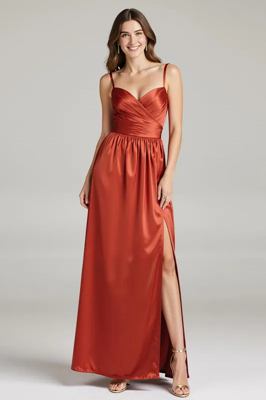 Burunt Orange Spaghetti Straps Ruched Long Formal Dress with Slit sold by Zapaka
