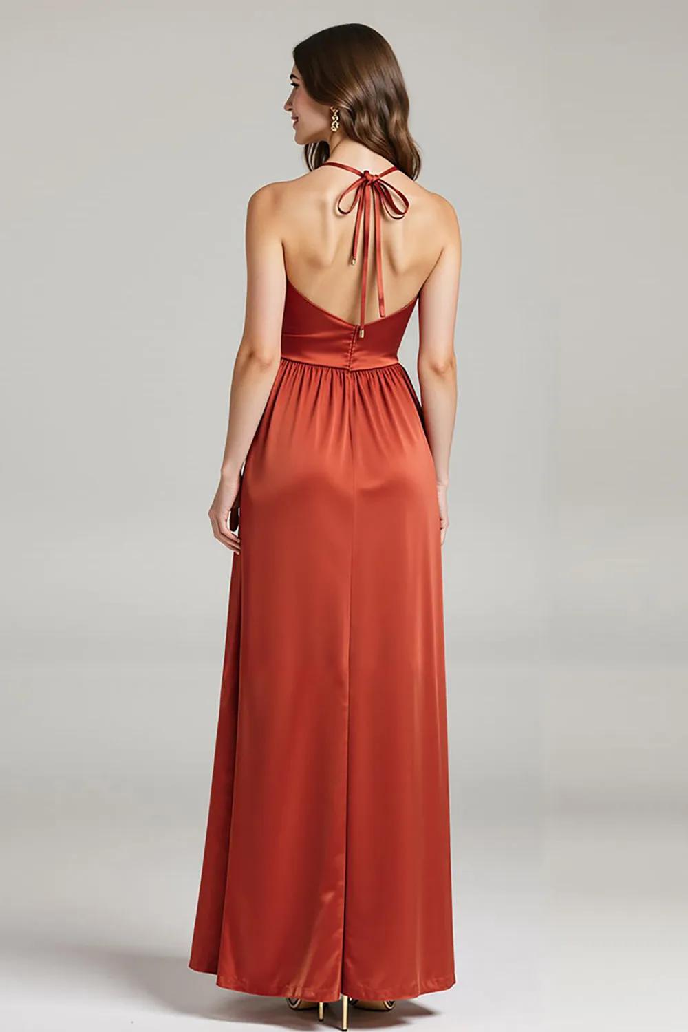 Burunt Orange Spaghetti Straps Ruched Long Formal Dress with Slit sold by Zapaka product image thumbnail 2