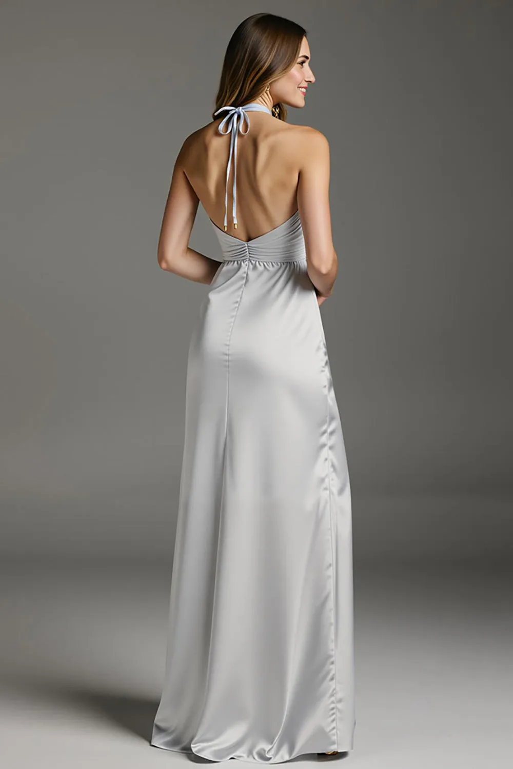 Light Grey Satin Halter Sheath Long Formal Dress with Slit sold by Zapaka product image thumbnail 2