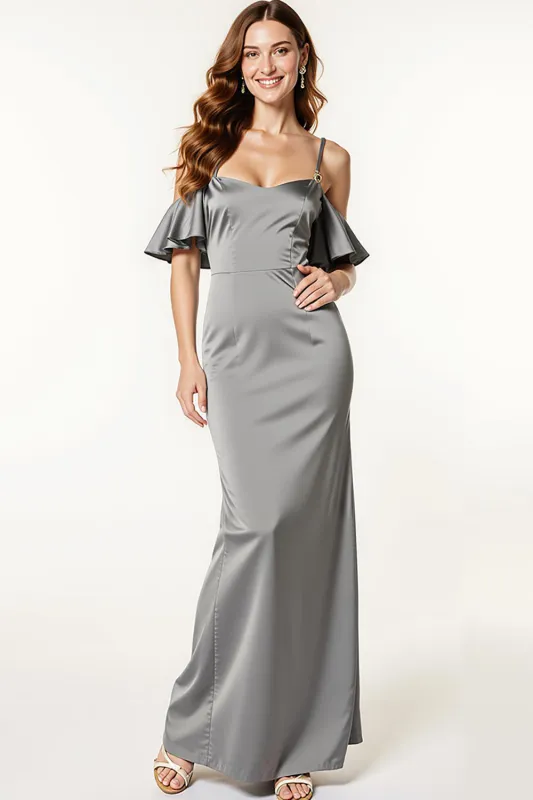 Steel Grey Satin Cold Shoulder Mermaid Long Formal Dress made by Zapaka