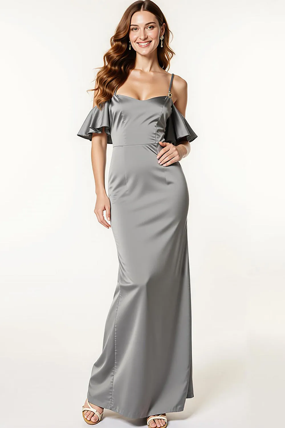 Steel Grey Satin Cold Shoulder Mermaid Long Formal Dress sold by Zapaka