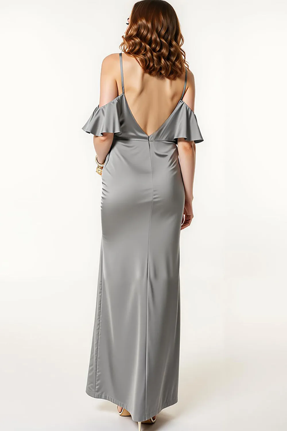 Steel Grey Satin Cold Shoulder Mermaid Long Formal Dress sold by Zapaka product image thumbnail 2
