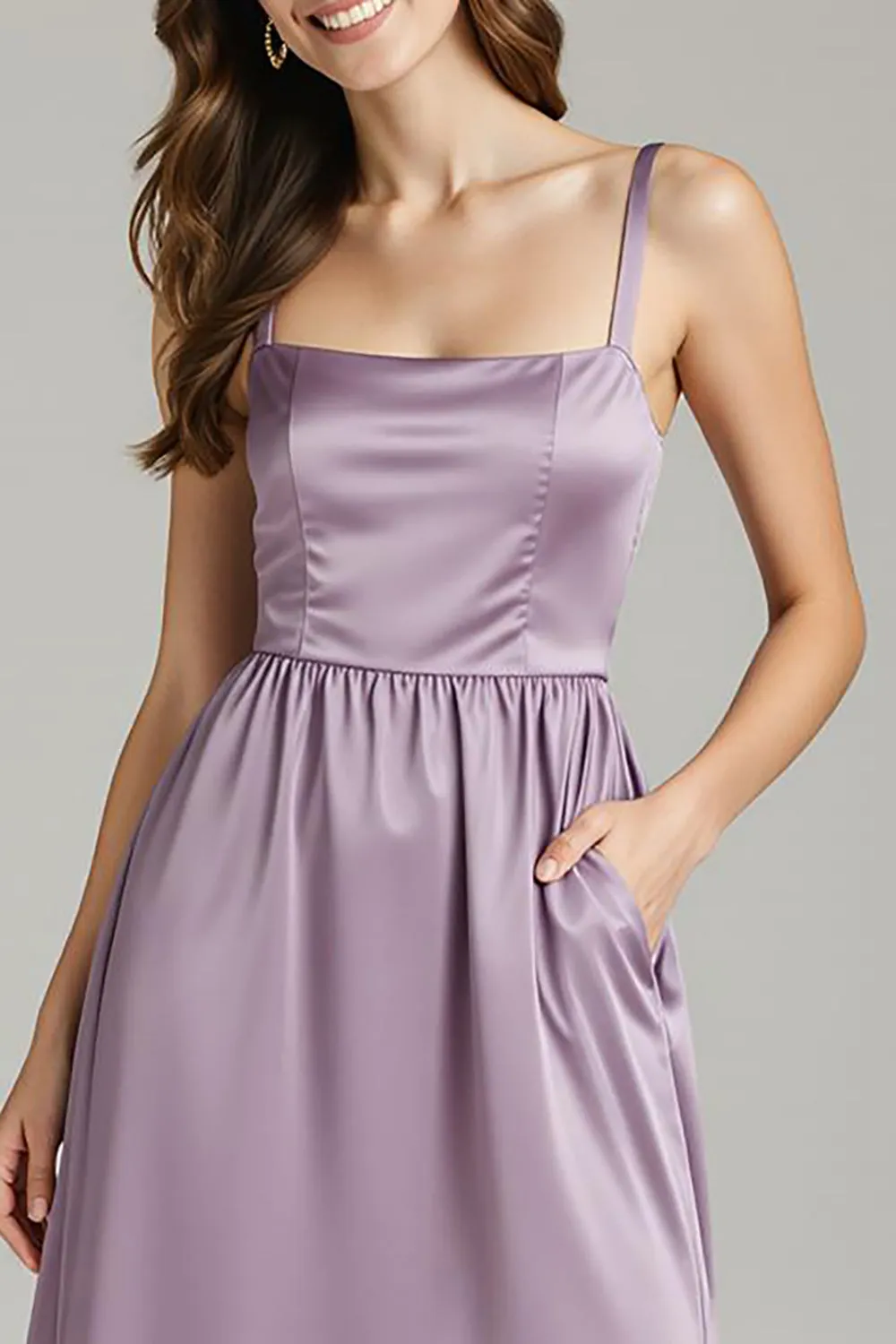 Light Purple Satin Spaghetti Straps A Line Formal Dress with Pockets sold by Zapaka product image thumbnail 3