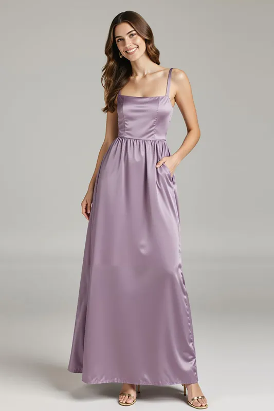 Light Purple Satin Spaghetti Straps A Line Formal Dress with Pockets sold by Zapaka