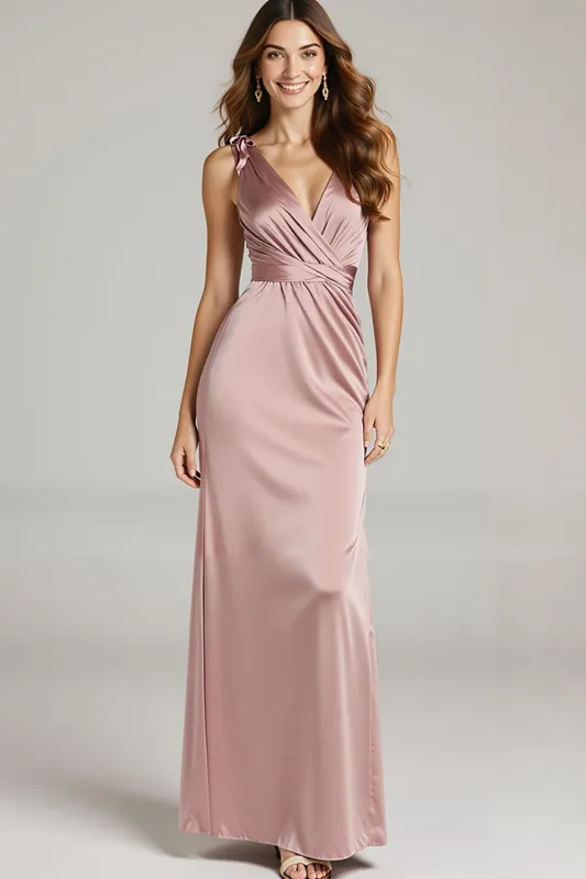 Light Pink Satin V-Neck Sheath Ruched Formal Dress sold by Zapaka