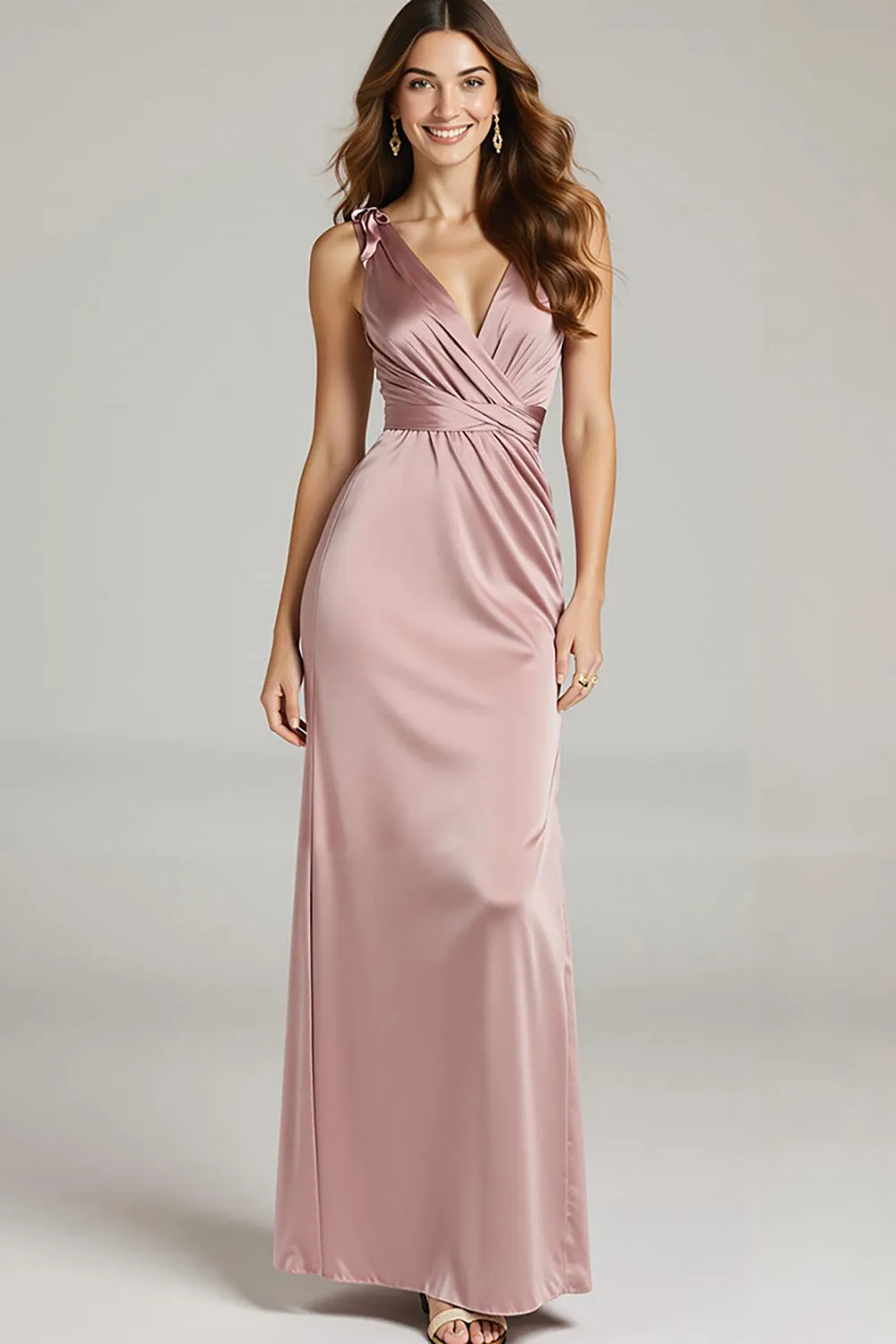 Light Pink Satin V-Neck Sheath Ruched Formal Dress sold by Zapaka
