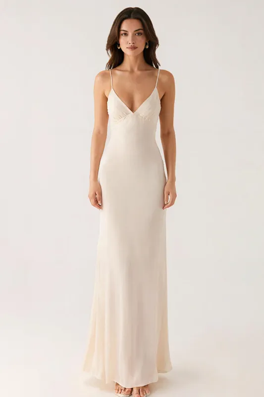 Ivory Sheath Spaghetti Straps Long Formal Dress sold by Zapaka